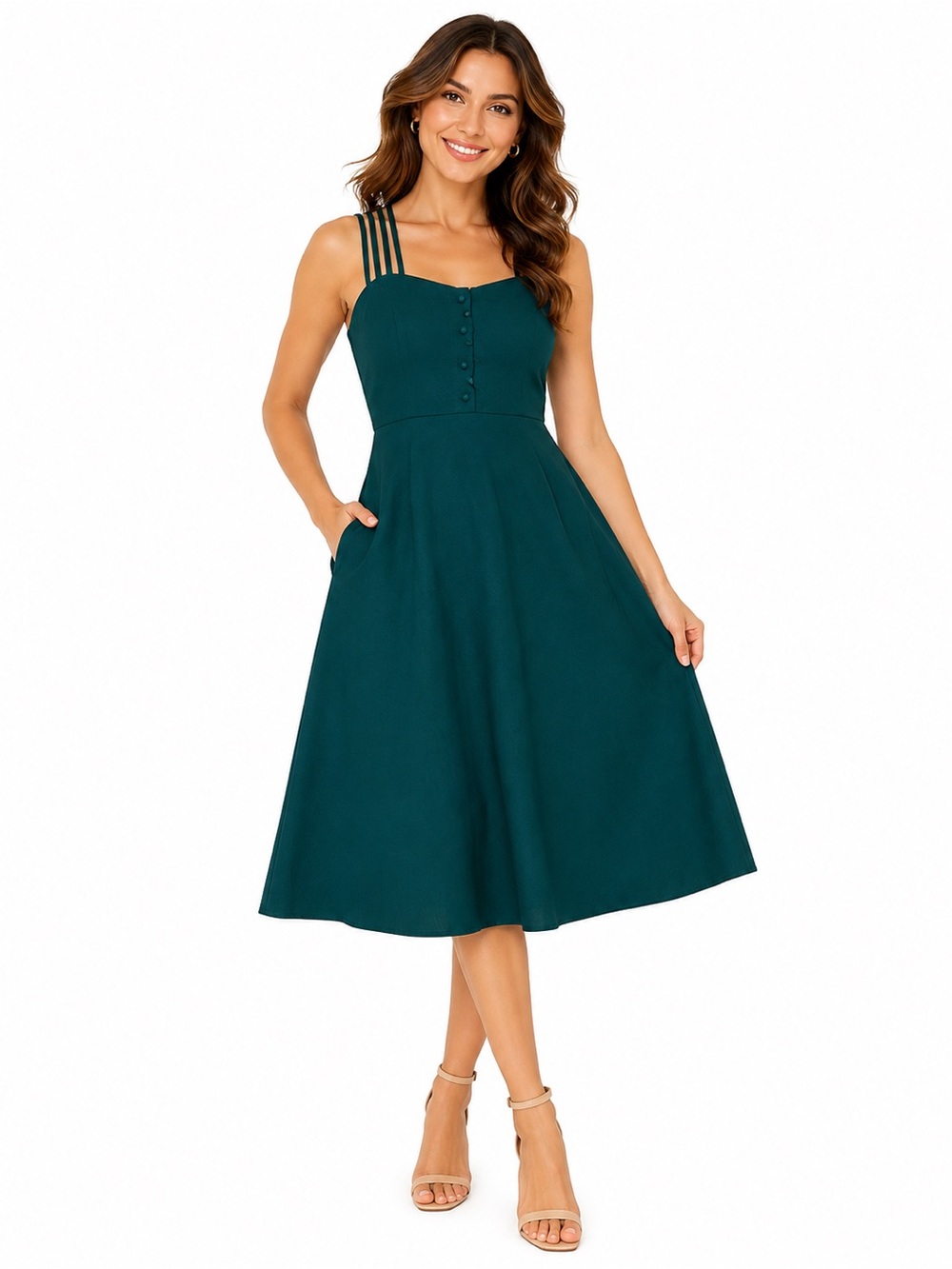 Sleeveless Teal A-Line Midi Dress